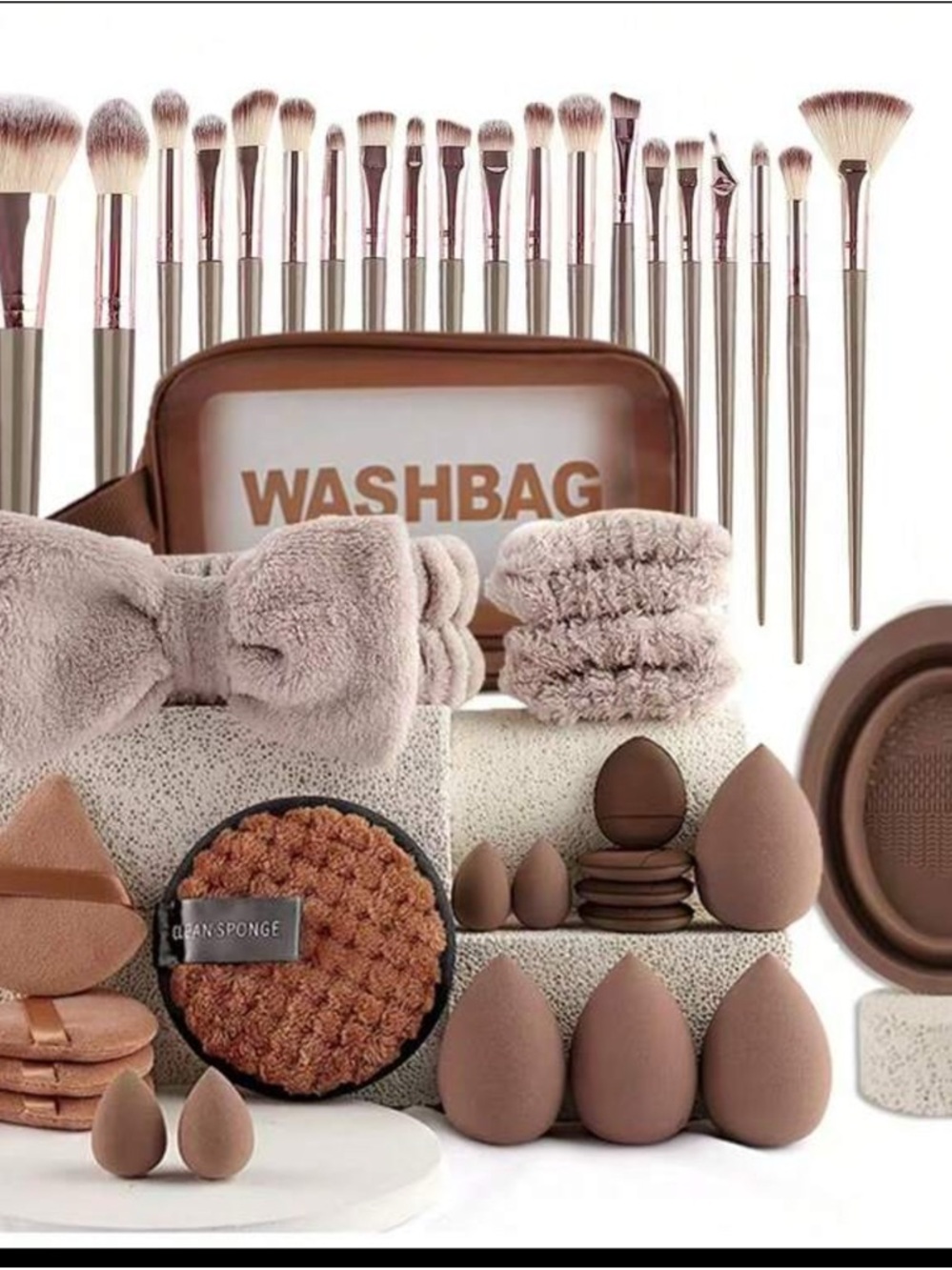 Luxury Rose Brown Makeup Brush & Accessory Set with Washbag